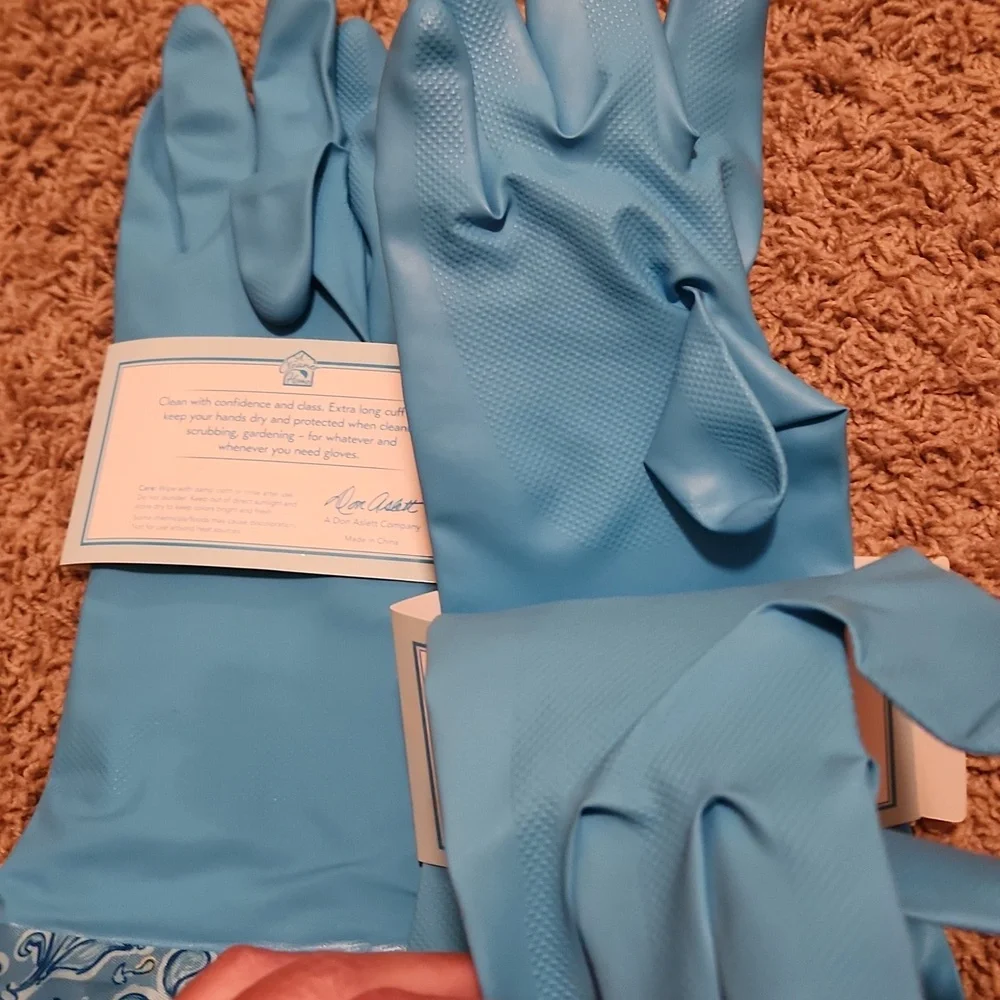 NEW Long Blue Cleaning Gloves with Patterned Cuffs - Picture 7 of 7